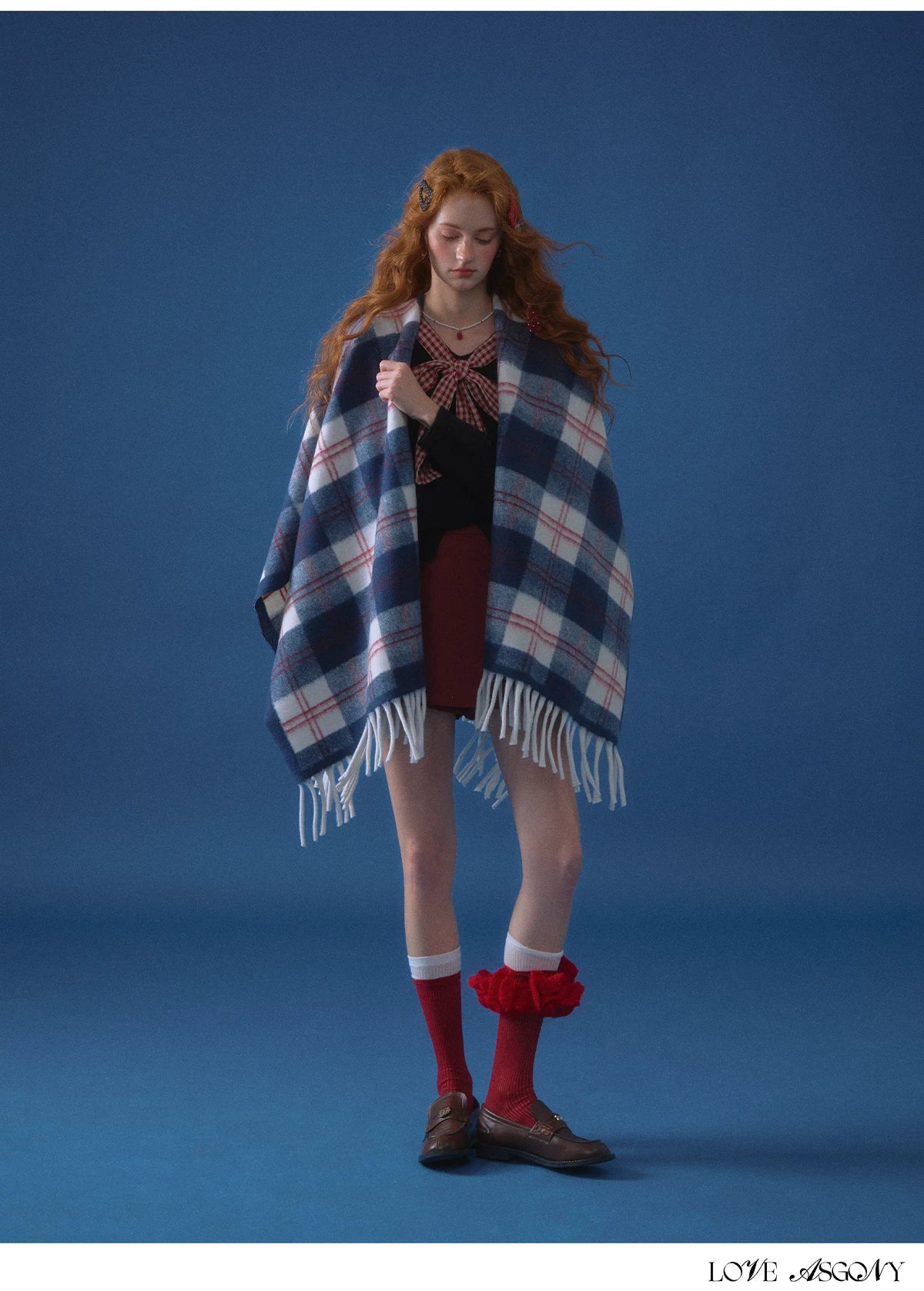 ASGONY - Navy Plaid Fringe Wrap Scarf