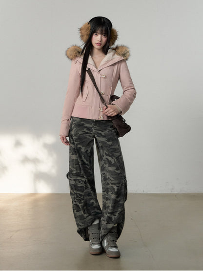 Soote Season - “Vintage Hourglass” Faux Fur–Lined Hooded Waist-Cinched Cotton Jacket - Cream Pink