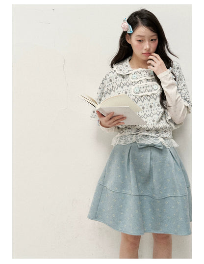 [RF] Mist Gray Argyle Jacquard Cropped Poncho-Style Pullover with Lace Trim
