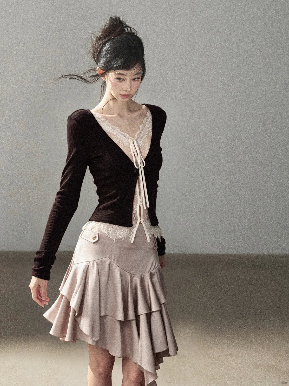 AOMALM - "Glimmer Between the Clouds" Serene Black Korean Lace Knit Long-Sleeve Top