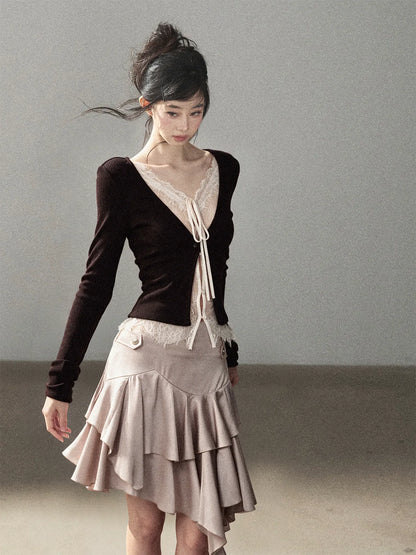 AOMALM - "Glimmer Between the Clouds" Serene Black Korean Lace Knit Long-Sleeve Top