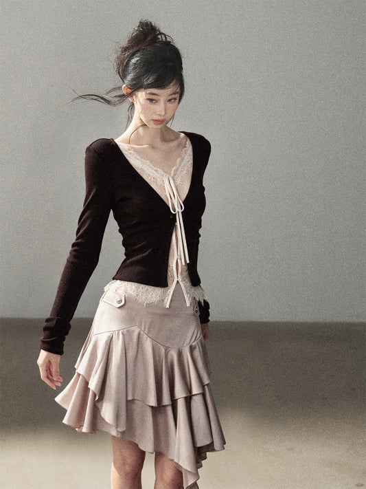 AOMALM - "Glimmer Between the Clouds" Serene Black Korean Lace Knit Long-Sleeve Top