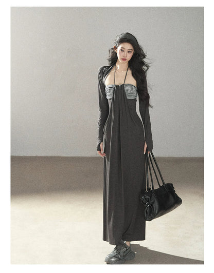 AOMALM - "Twilight River Cove" Cloud Mist Gray Striped Knit Shoulder Wrap Dress Set