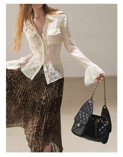 AOMALM - “Cocoa Leopard” Pleated Asymmetric Midi Skirt