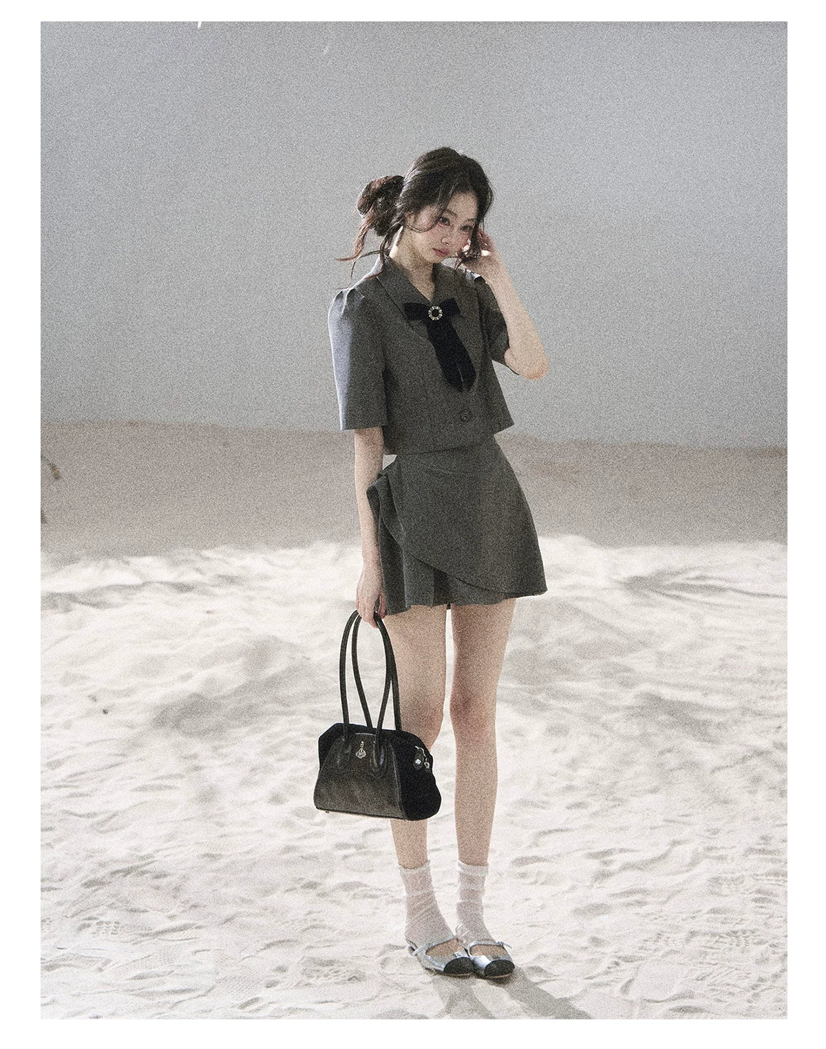 "Paris Afternoon" Slate Gray Bow Top & A-Line Mini Skirt Two-Piece Set