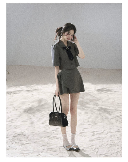 "Paris Afternoon" Slate Gray Bow Top & A-Line Mini Skirt Two-Piece Set