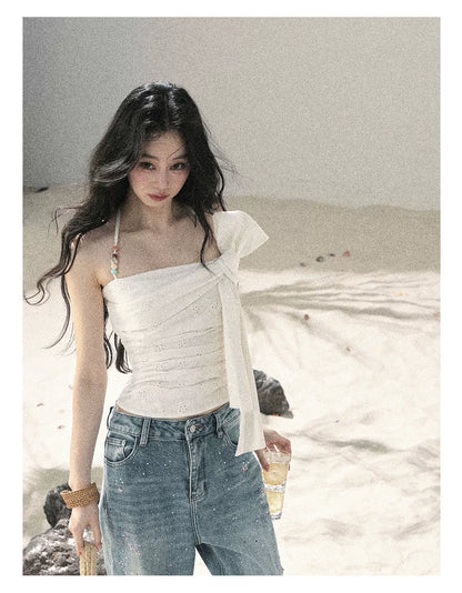 "Fragments of Tenderness" Frost White Halter Twist Crop Top