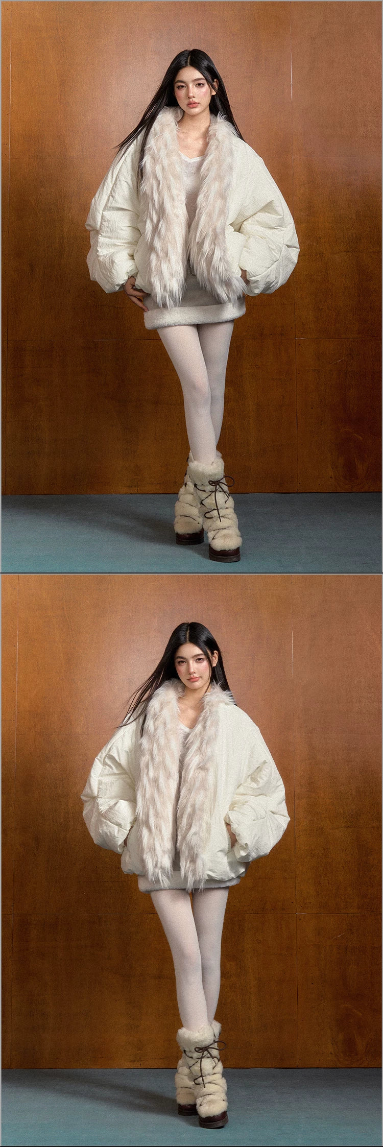 "Snowbound Escape" Faux Fur Collar Padded Winter Jacket (Ivory / Heather Gray)