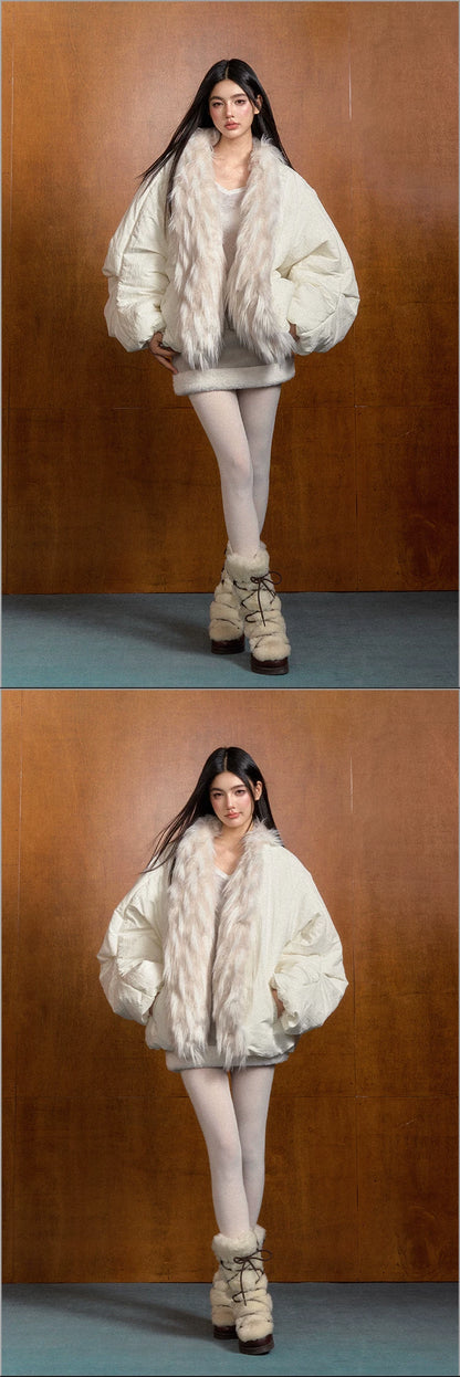 "Snowbound Escape" Faux Fur Collar Padded Winter Jacket (Ivory / Heather Gray)