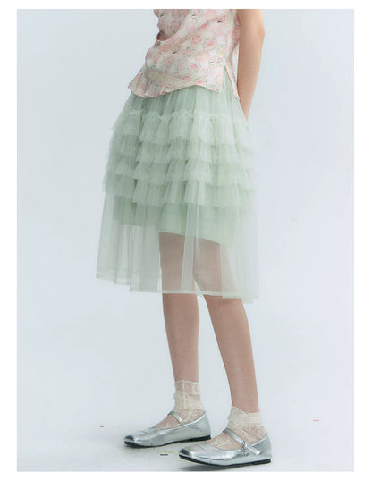 "Lime Mille-Feuille Glow" Peach Mist Chinese-Inspired Short Sleeve Top & Lime Green Tulle Tiered Skirt Set