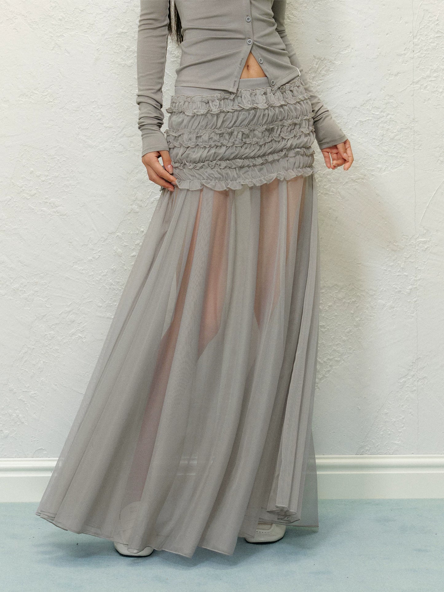 "Soft Horizon" Gray Mesh Panel Bodycon Maxi Skirt