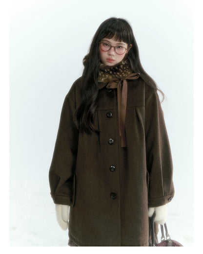Horridale - Peter Pan Collar Pleated Mid-Length Wool-Blend Coat – Brown Coffee