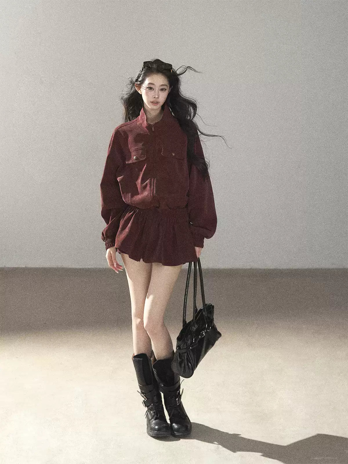 AOMALM - Burgundy PU Suede Jacket & A-Line Shorts Set