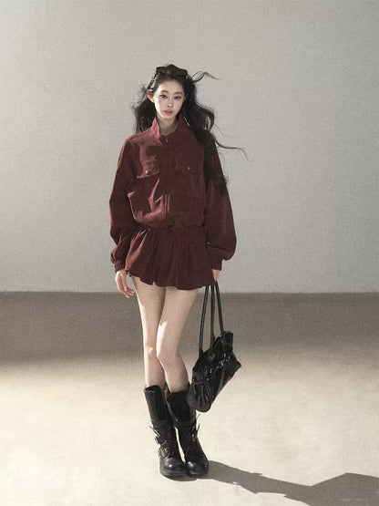 AOMALM - Burgundy PU Suede Jacket & A-Line Shorts Set