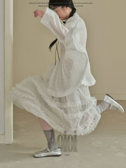 "Soft Check Layers" Plaid Mesh Midi Skirt (White Plaid / Black Plaid)