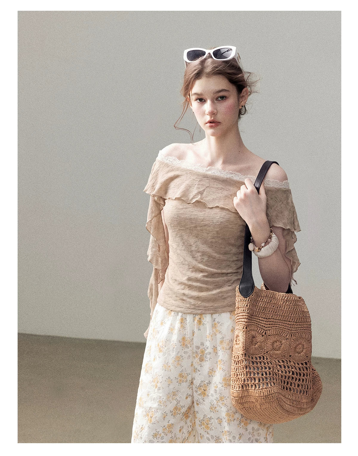 AOMALM - "A Cloud in Bloom" Primrose Yellow Floral Embroidered Lace Wide-Leg Pants