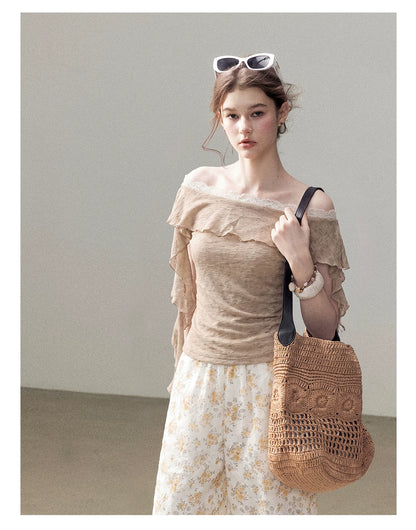AOMALM - "A Cloud in Bloom" Primrose Yellow Floral Embroidered Lace Wide-Leg Pants