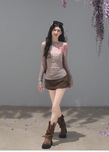 OAKMOO/ Distressed Slouchy Mid-Calf Combat Boots with Layered Straps