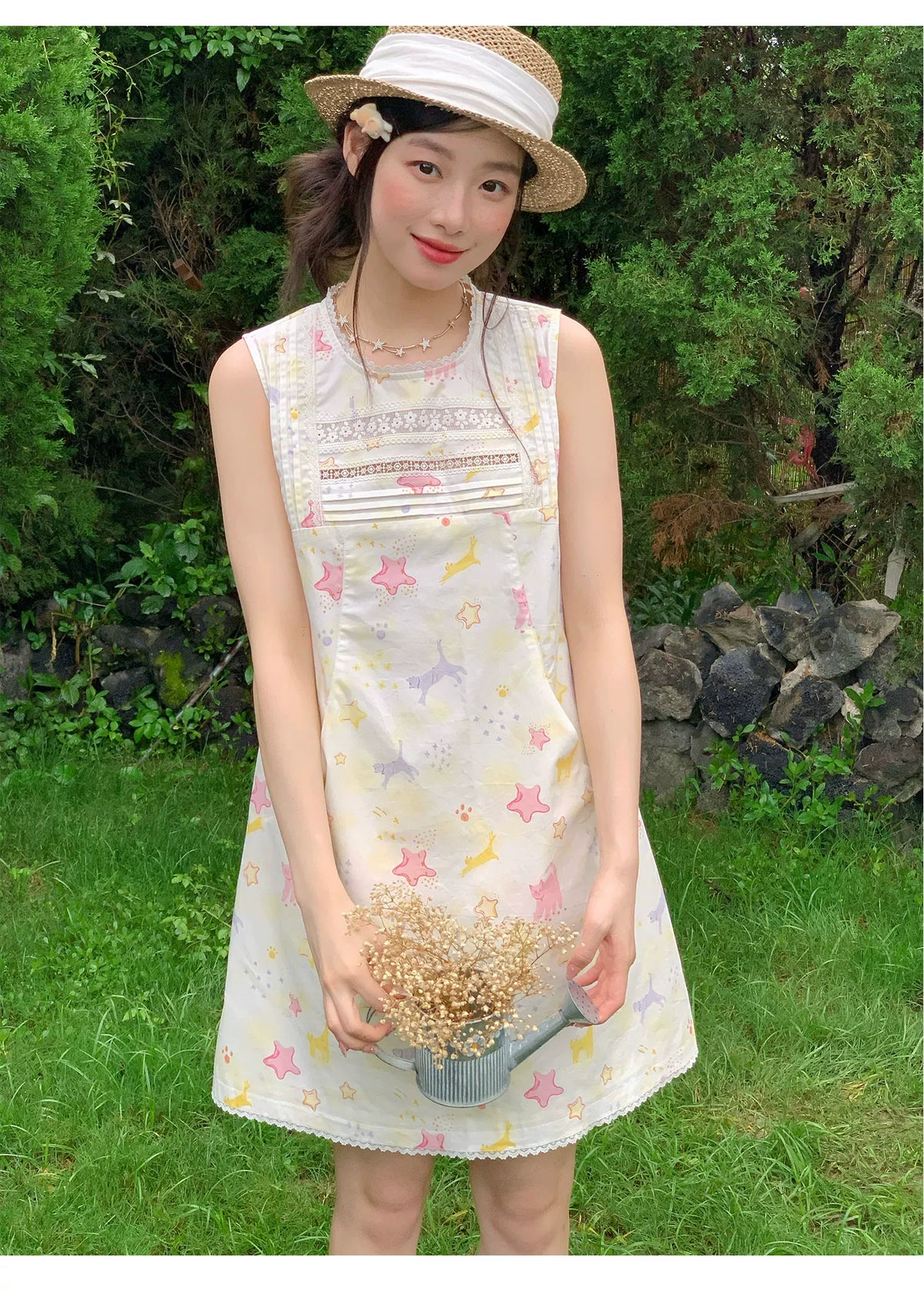[RF] “Starry Pals” Ivory Animal Print Lace-Trim Sleeveless Mini Dress