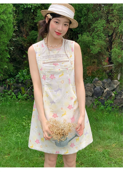 [RF] “Starry Pals” Ivory Animal Print Lace-Trim Sleeveless Mini Dress