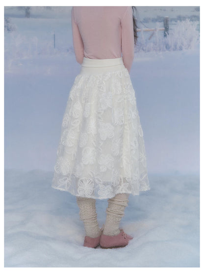 CANSTORE - "Moonflower Lace" Ivory Midi A-Line Skirt with 3D Floral Appliqués