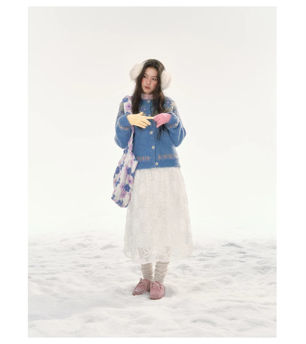 CANSTORE - "Moonflower Lace" Ivory Midi A-Line Skirt with 3D Floral Appliqués