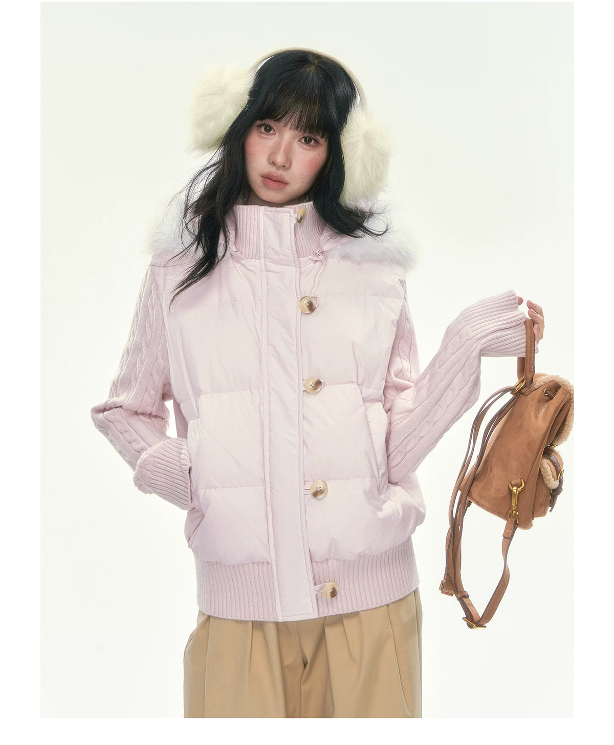 CAN - "The Macaron Affair" Cable-Knit Collar Puffer Jacket (Water Blue / Light Pink)