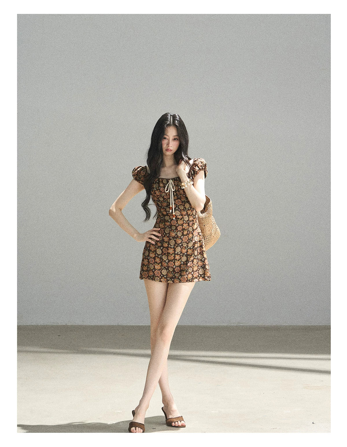 "Wildflowers & Freedom" Mocha Mousse Floral Puff Sleeve Mini Dress