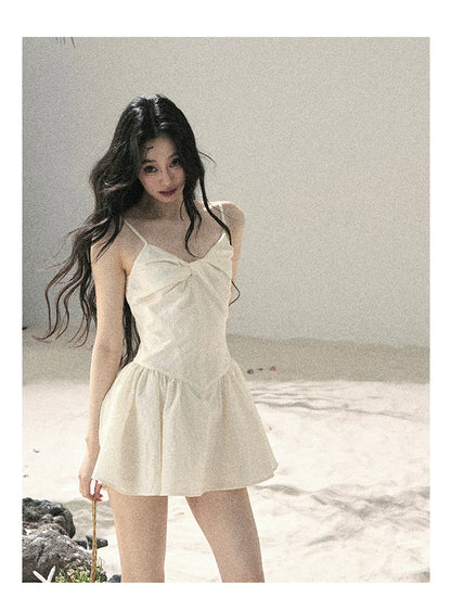 "Veiled in Mist" Cream Apricot Puff Mini Dress & Chiffon Shawl Set 5348
