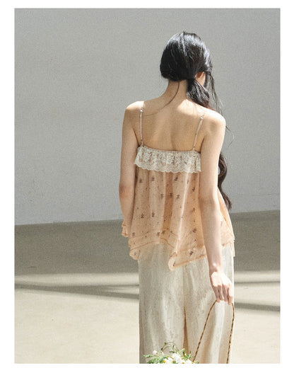 "Orange-Scented Dusk" Toasted Rice Beige Asymmetrical Lace Cami