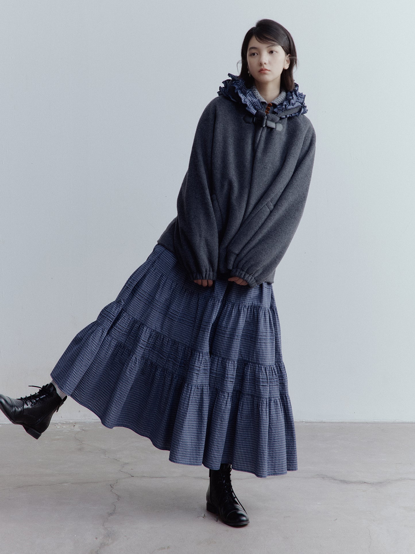 FUSSED Strange Circus Wool Hooded Ruffle-Trim Coat in Deep Heather Grey FOF-25SS137