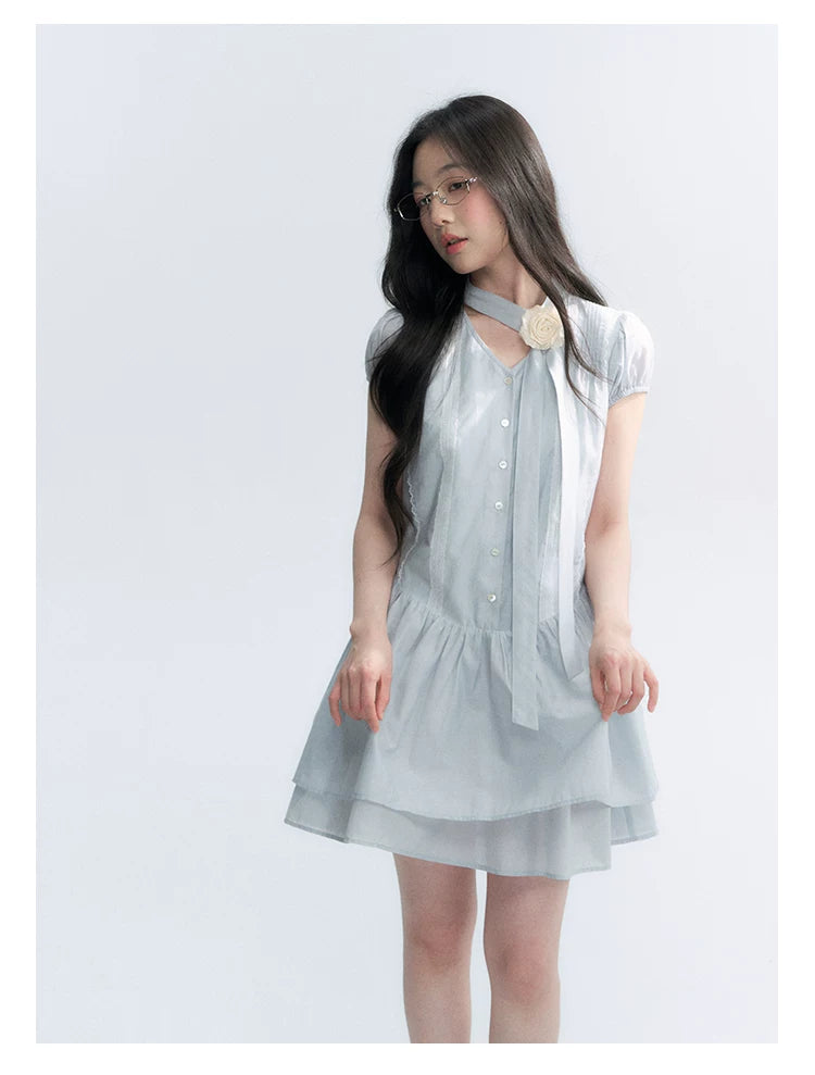 "Cedar Salt" Cool Moon Blue Lace Trim Puff Sleeve Dress