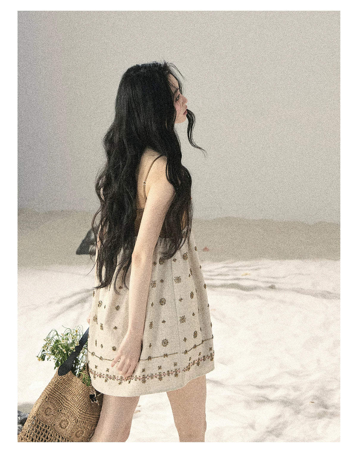 "Whispers Through the Wheat Fields" Oat Beige Floral Cami Babydoll Mini Dress