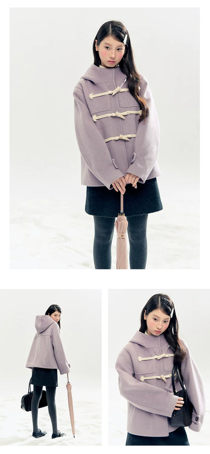 "Velvet Snowfall" Purple Mist Hooded Quilted Wool-Touch Duffle Coat