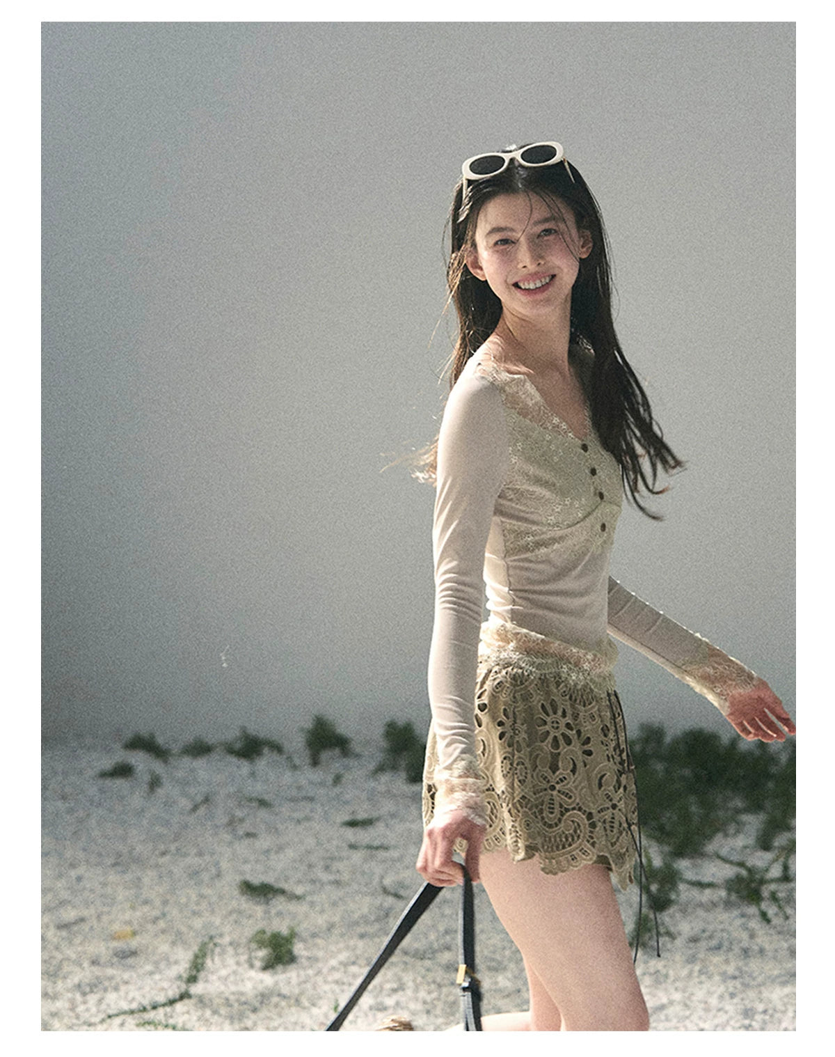 “Traces Left by the Wind” Ash Ivory Lace V-Neck Top