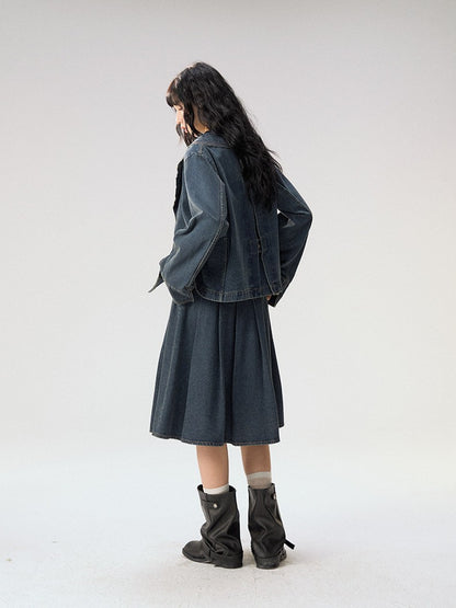 [CAN] "Wildflower Echoes" Vintage Indigo Denim Set (Jacket / Flared Pants / Midi Skirt)