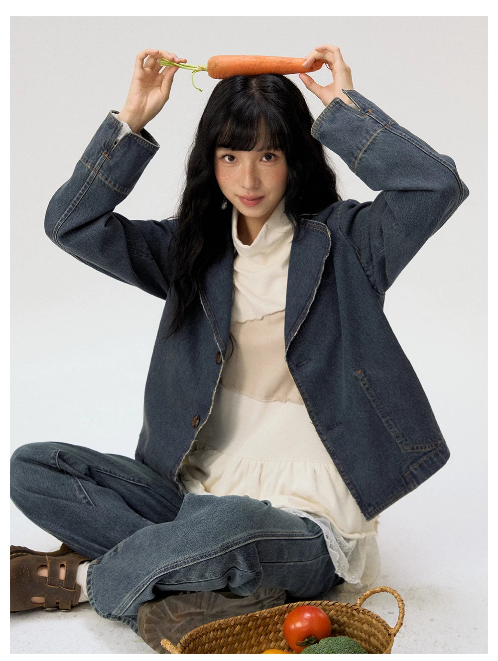 [CAN] "Wildflower Echoes" Vintage Indigo Denim Set (Jacket / Flared Pants / Midi Skirt)