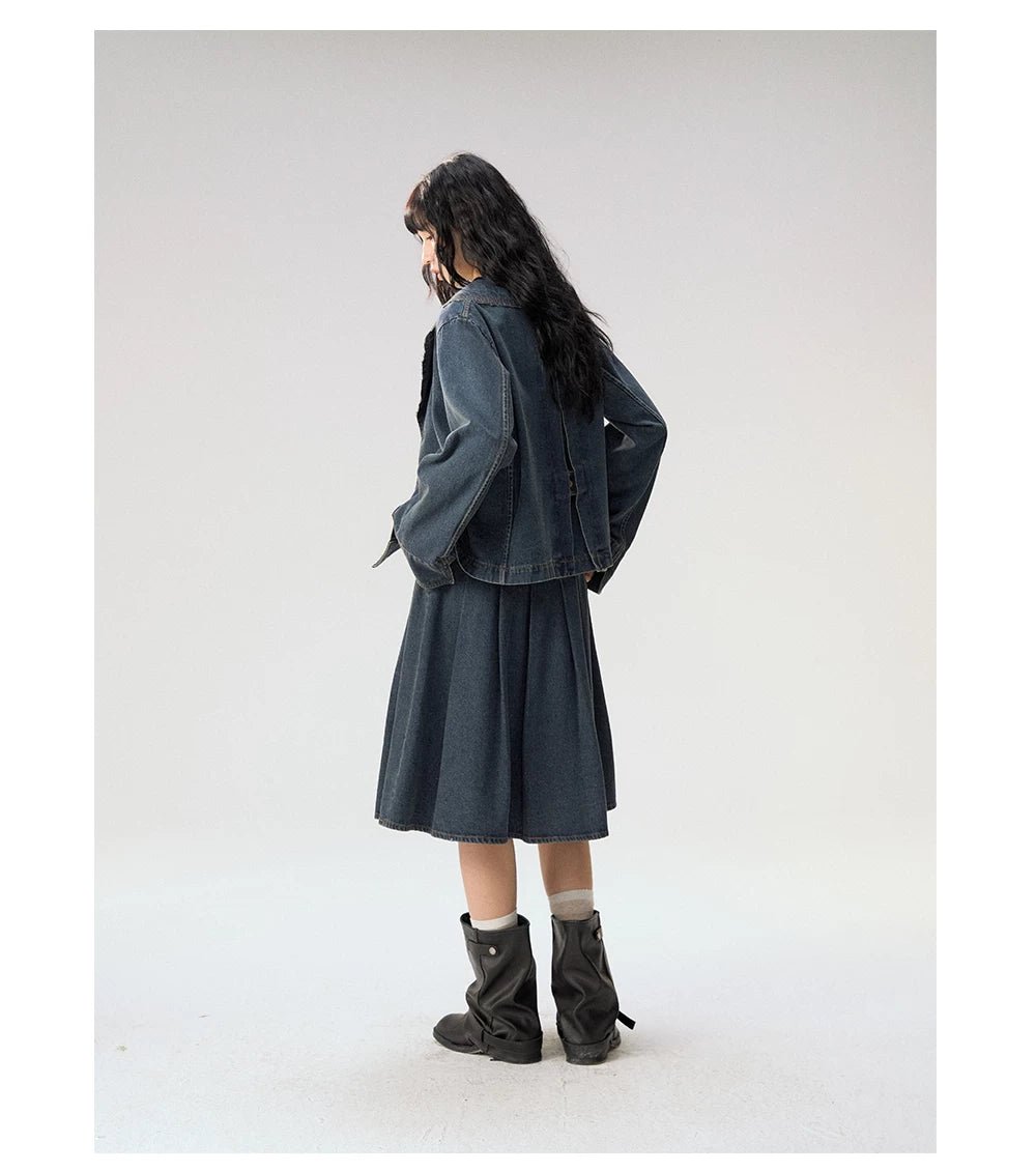 [CAN] "Wildflower Echoes" Vintage Indigo Denim Set (Jacket / Flared Pants / Midi Skirt)
