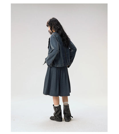 [CAN] "Wildflower Echoes" Vintage Indigo Denim Set (Jacket / Flared Pants / Midi Skirt)