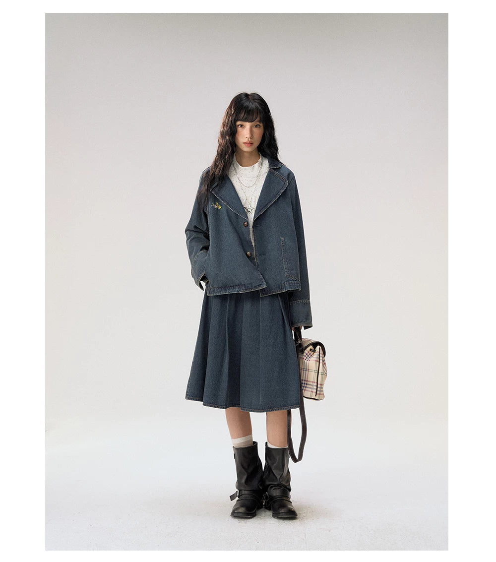 [CAN] "Wildflower Echoes" Vintage Indigo Denim Set (Jacket / Flared Pants / Midi Skirt)