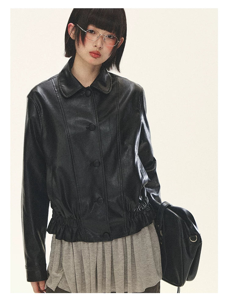 "Venus Gallery" Black Ruffle Collar Cropped Faux Leather Jacket