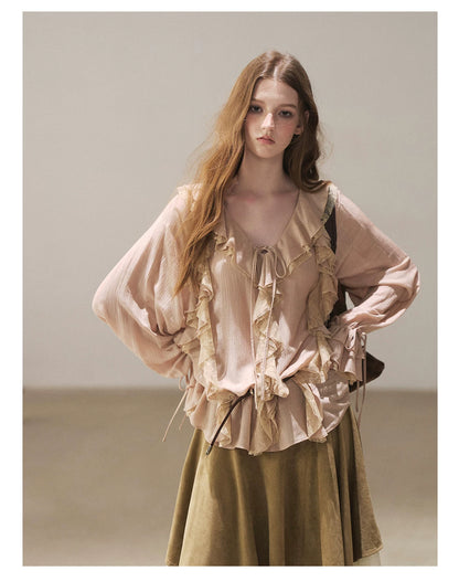 AOMALM - "A Featherlight Touch" French Camellia White Lace Chiffon Top with Belt (Camellia / Oatmeal / Cinnamon Pink)