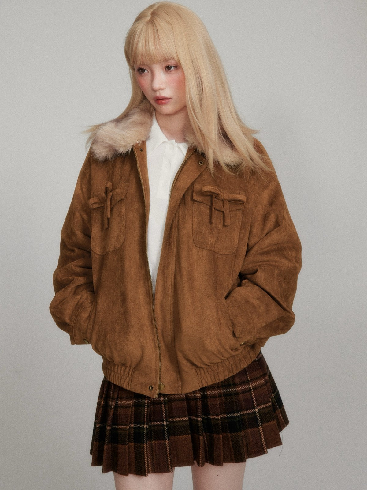 “Maillard Warmth” Yellow-Brown Faux Suede Fleece-Lined Short Jacket M6667