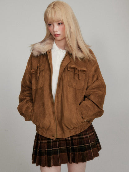 “Maillard Warmth” Yellow-Brown Faux Suede Fleece-Lined Short Jacket M6667