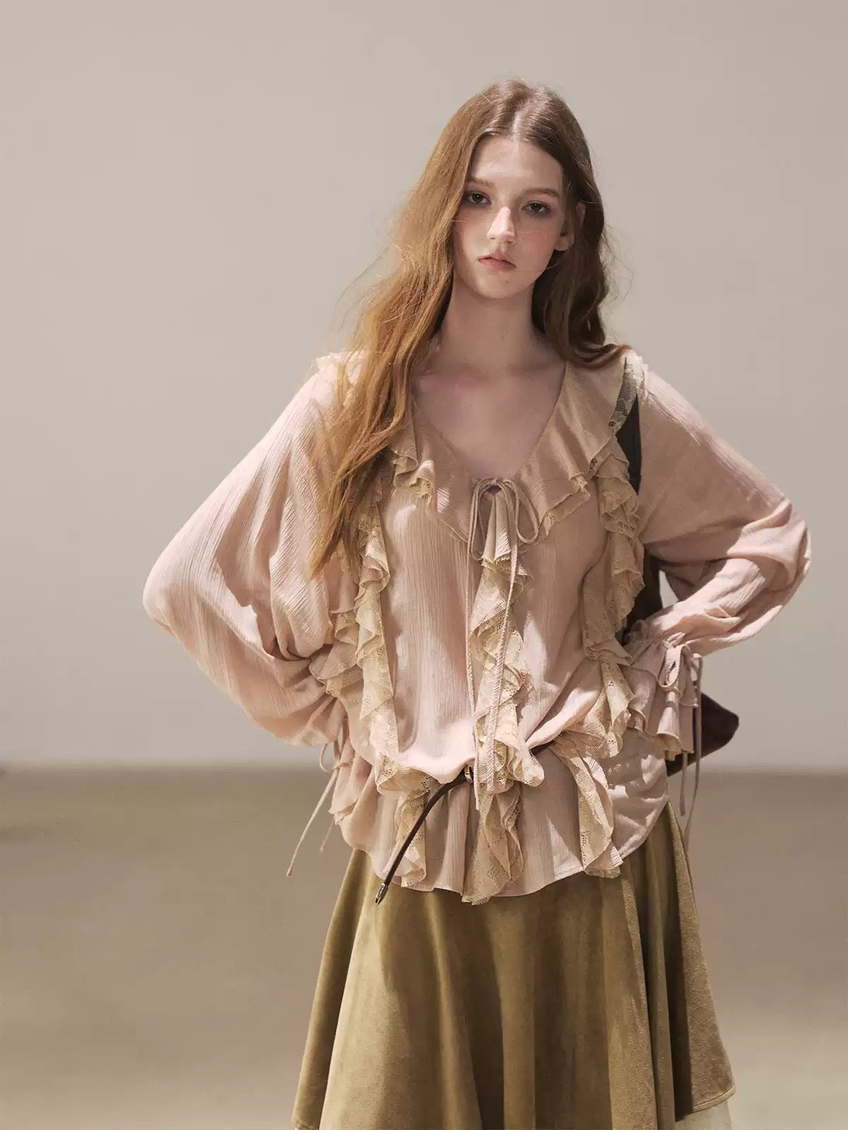 AOMALM - "A Featherlight Touch" French Camellia White Lace Chiffon Top with Belt (Camellia / Oatmeal / Cinnamon Pink)
