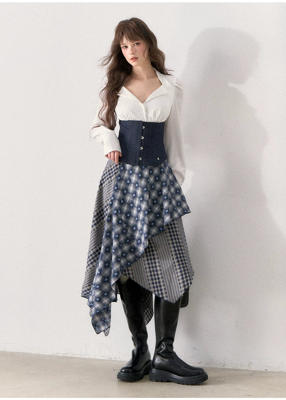 [TMMG] Retro Sweetheart Collar Shirt & Denim Corset Waist Belt Asymmetric Plaid Skirt Set