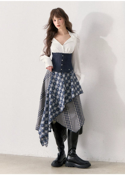 [TMMG] Retro Sweetheart Collar Shirt & Denim Corset Waist Belt Asymmetric Plaid Skirt Set