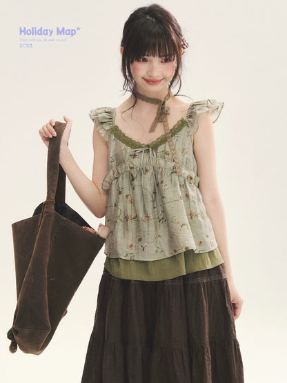 "Enchanted Forest" Moss Green Floral Lace Ruffle Cami Top