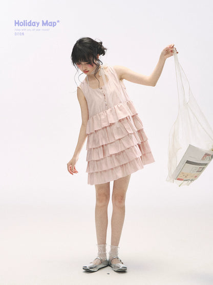 "Misty Pink Reverie" Petal Pink Lace Tie Tiered Sleeveless Dress