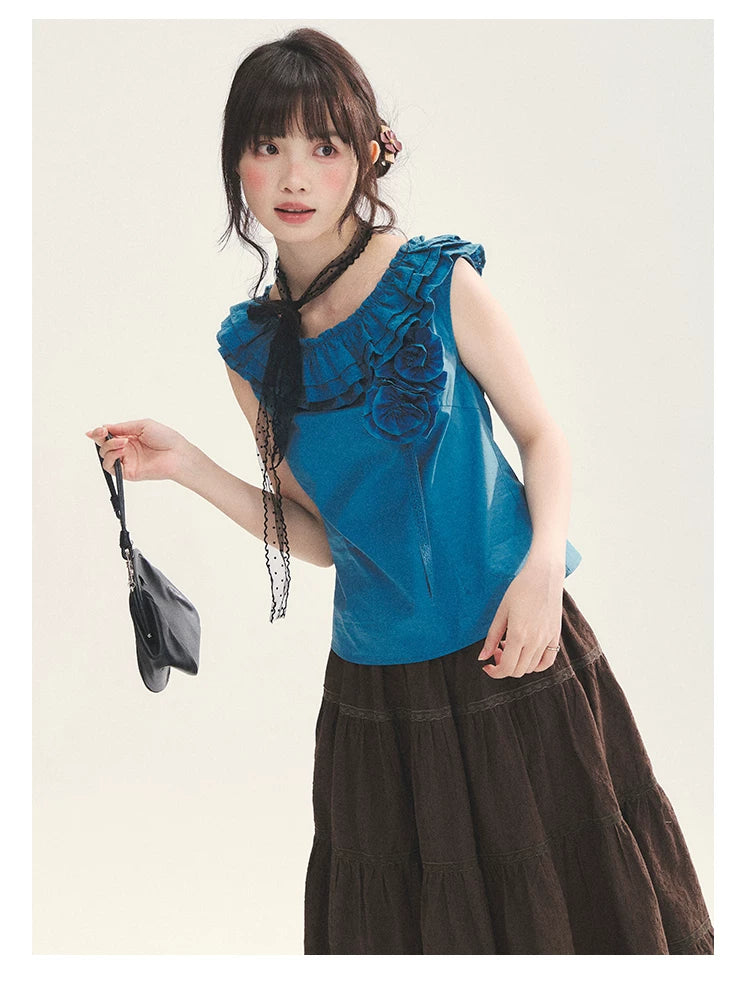 "Bluebell" Peacock Blue Lace Embroidered Fitted Sleeveless Top